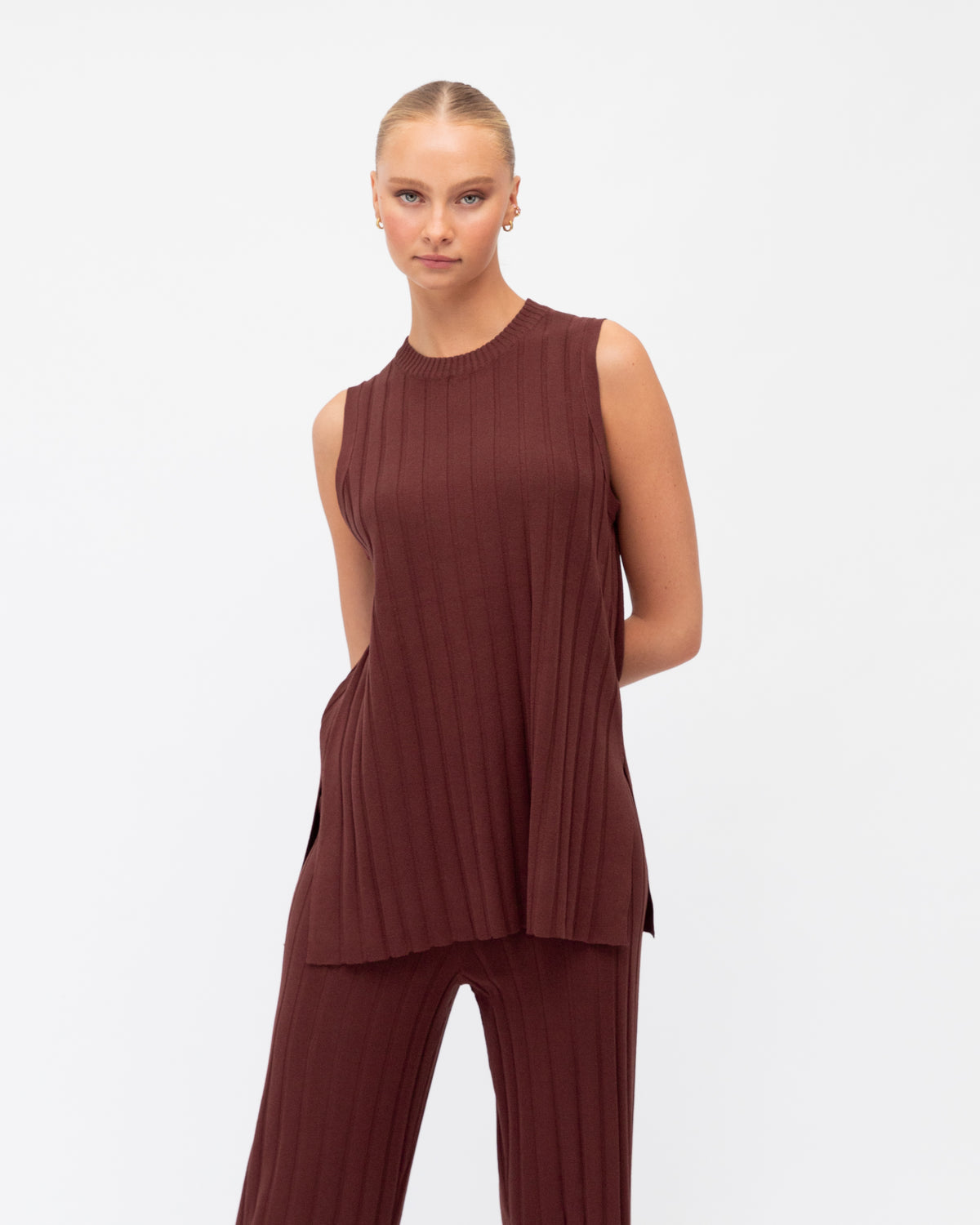 Meredith Sleeveless Top & Pants (Knit Set) - Chocolate