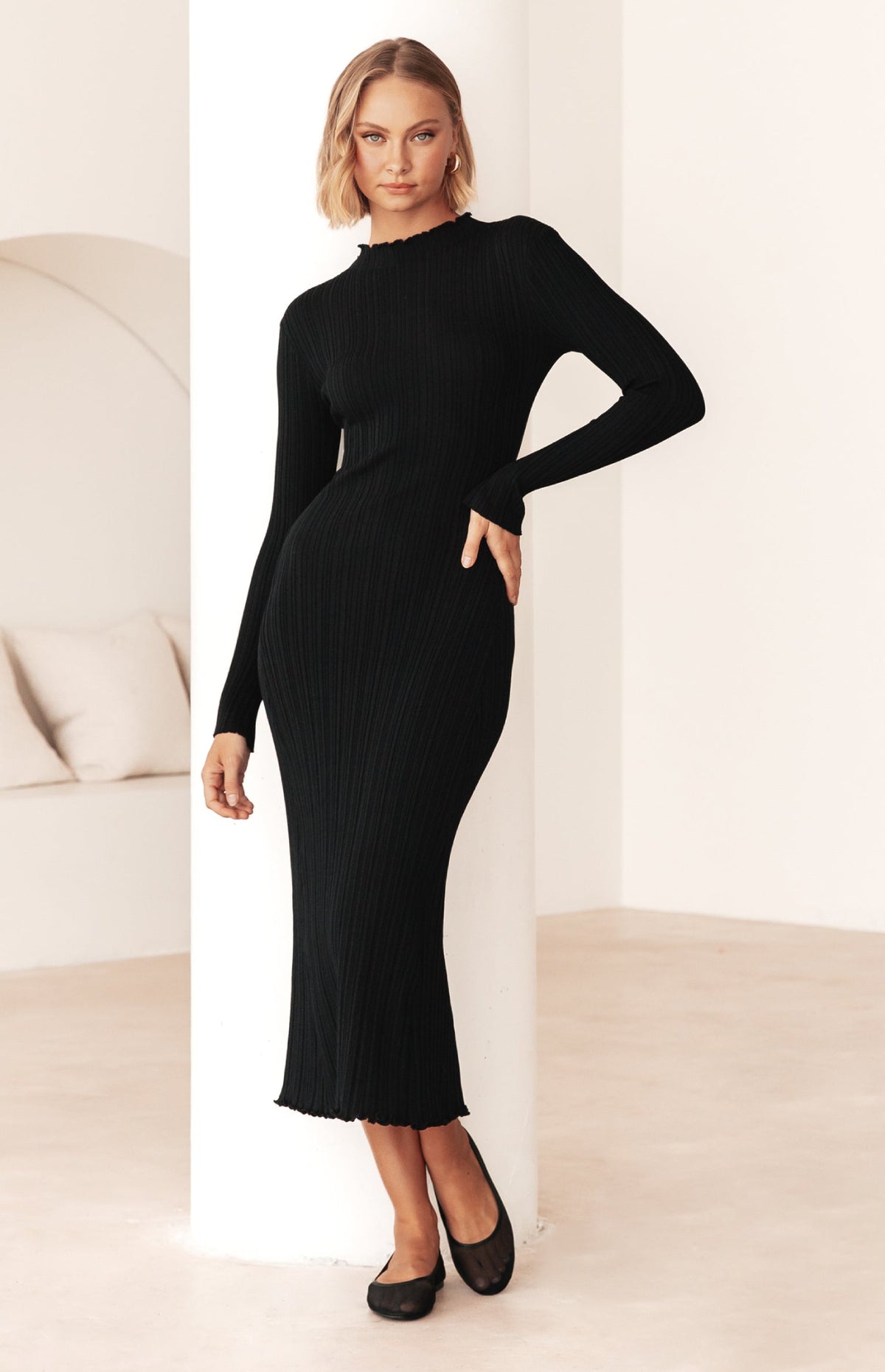 Elton Long Sleeve Knit Maxi Dress - Black