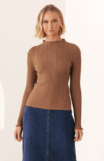 Martine Long Sleeve Fitted Knit Top - Mocha
