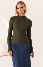 Martine Long Sleeve Fitted Knit Top - Olive