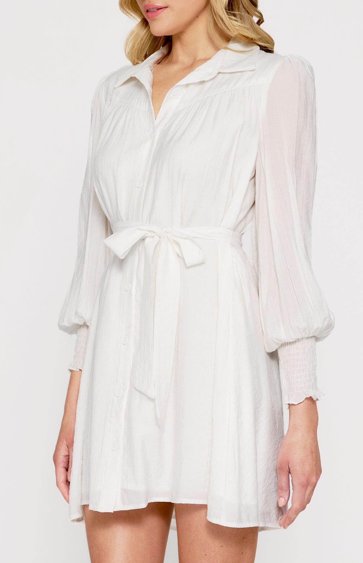 Ferreira Long Sleeve, Collard Neckline, Shirt Dress - White