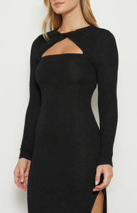 Izzie Long Sleeve, Side Split, Twist Neckline, Midi Dress - Black