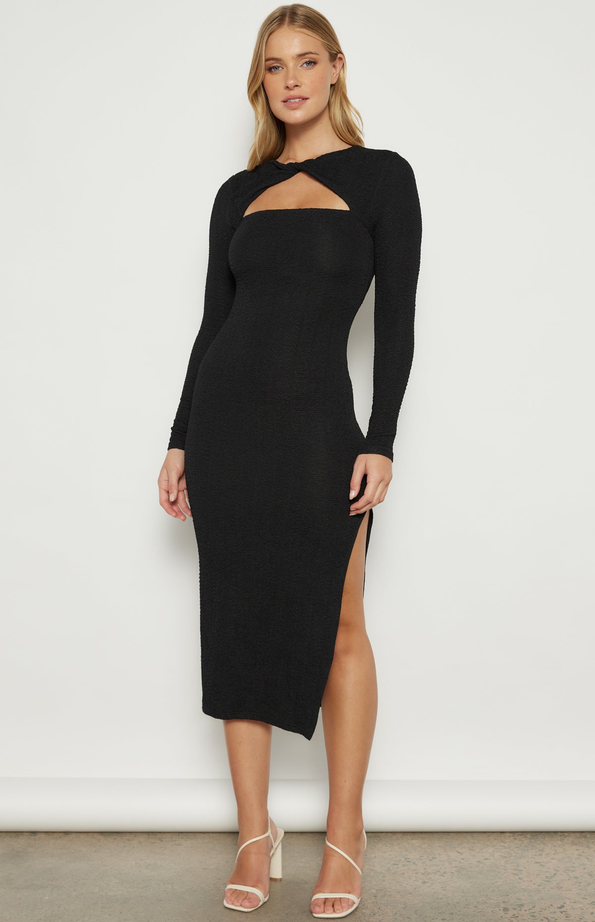 Izzie Long Sleeve, Side Split, Twist Neckline, Midi Dress - Black