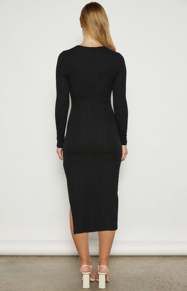 Izzie Long Sleeve, Side Split, Twist Neckline, Midi Dress - Black