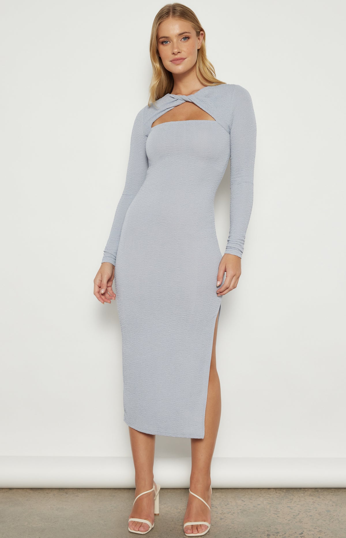 Izzie Long Sleeve, Side Split, Twist Neckline, Midi Dress - Pale Blue