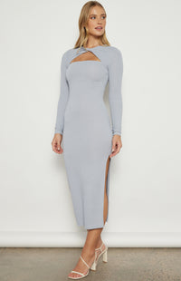 Izzie Long Sleeve, Side Split, Twist Neckline, Midi Dress - Pale Blue