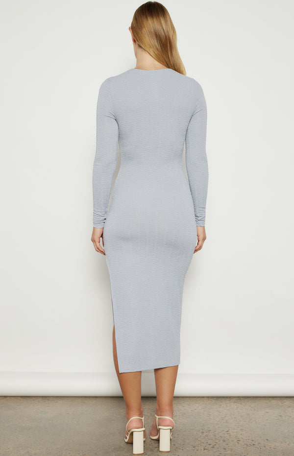 Izzie Long Sleeve, Side Split, Twist Neckline, Midi Dress - Pale Blue