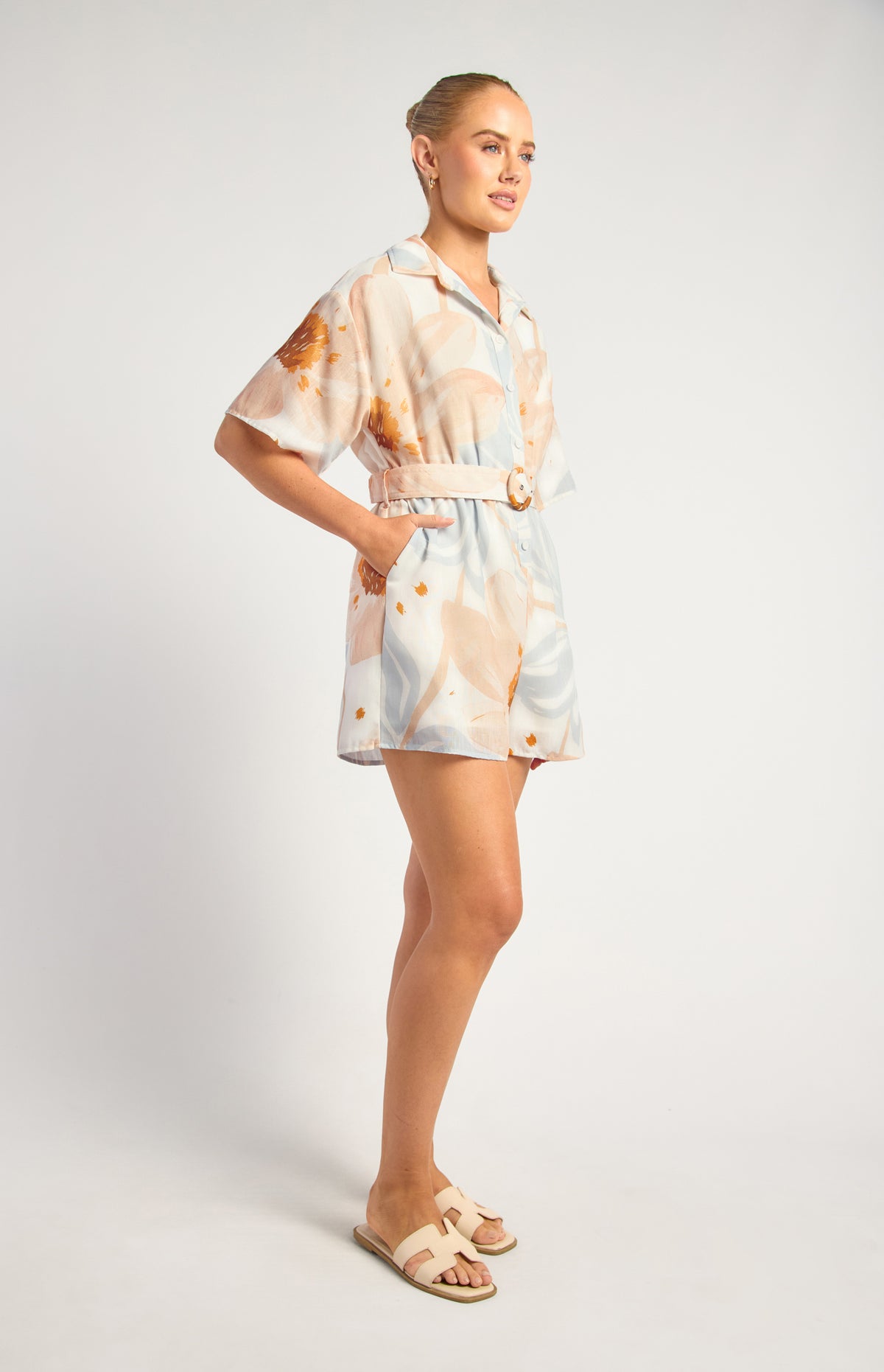 Kosta Faux Linen Playsuit - Apricot Blue