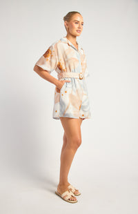 Kosta Faux Linen Playsuit - Apricot Blue