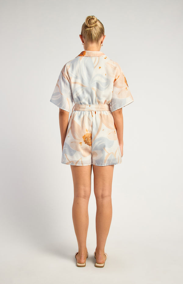 Kosta Faux Linen Playsuit - Apricot Blue