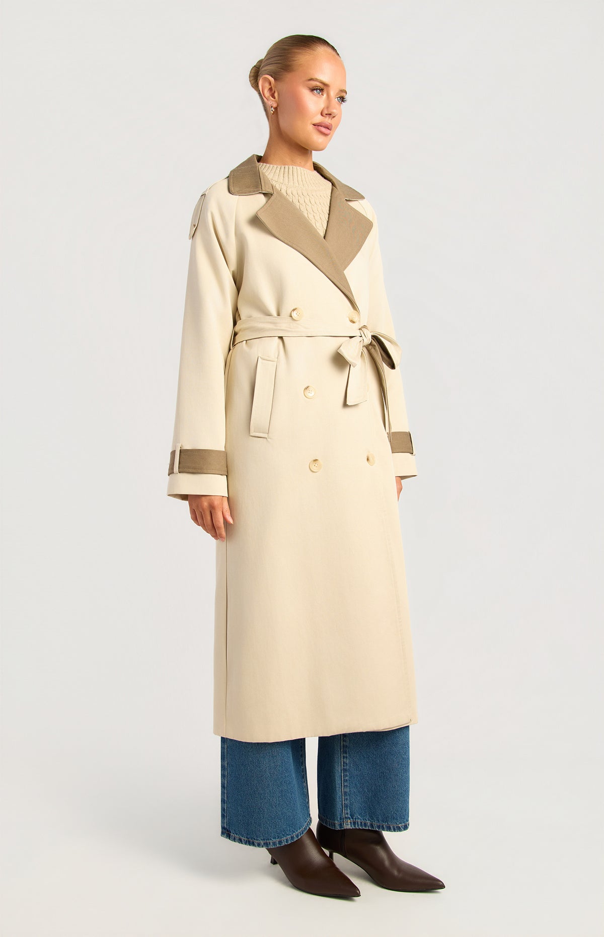 Paisley Longline Trench Coat - Almond