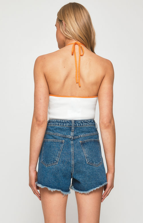 Hayley Cropped Rib Knit Top - White/Orange