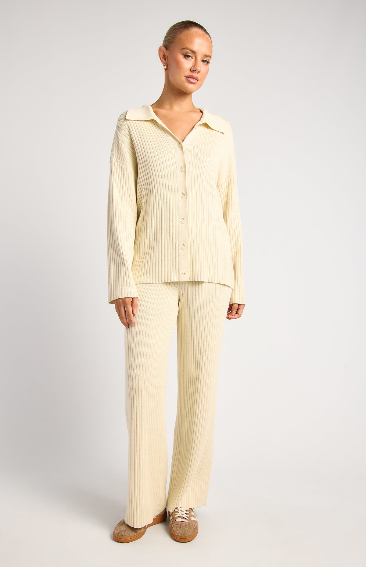 Ainsley Shirt & Pants Knit Set - Bone