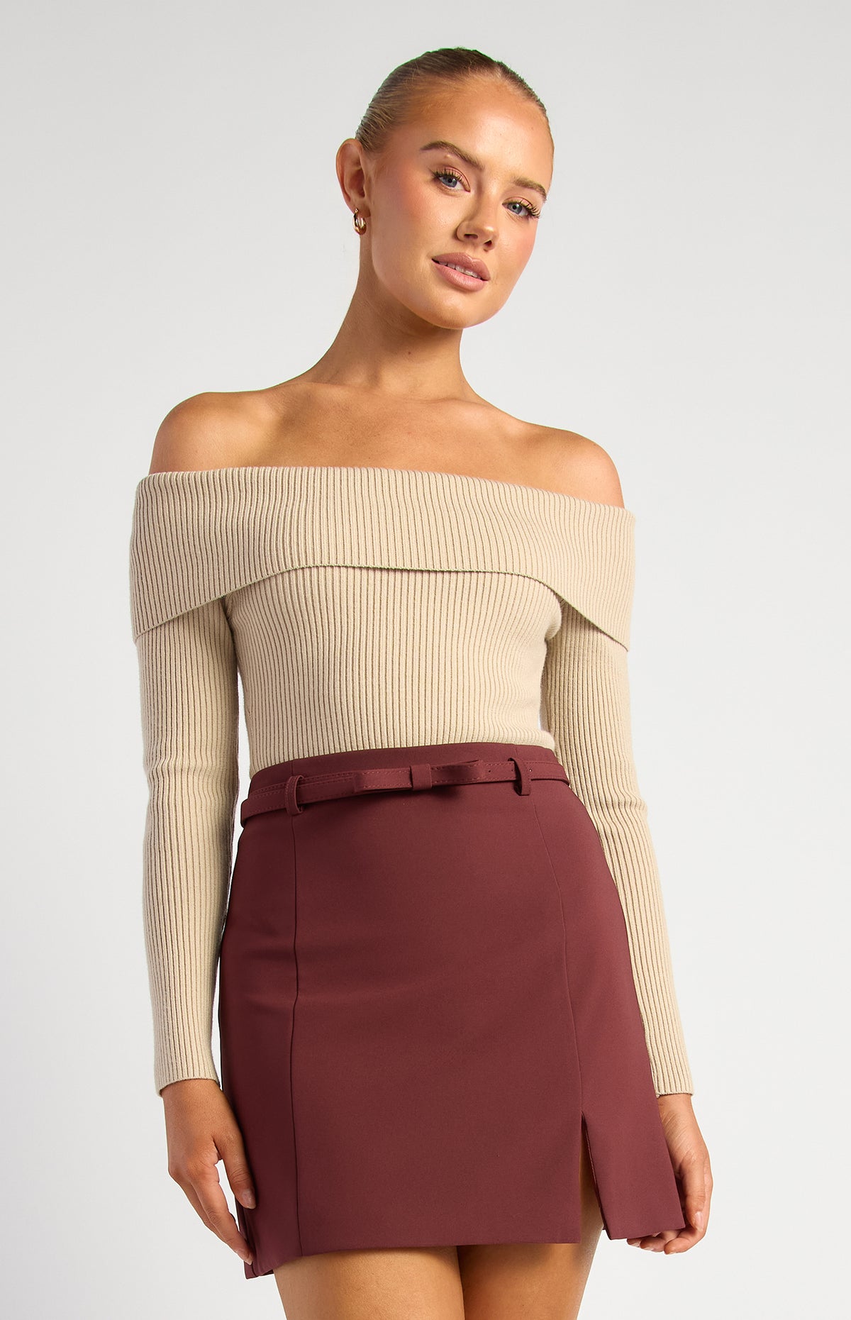 Presley Off-Shoulder Knit Bodysuit - Almond