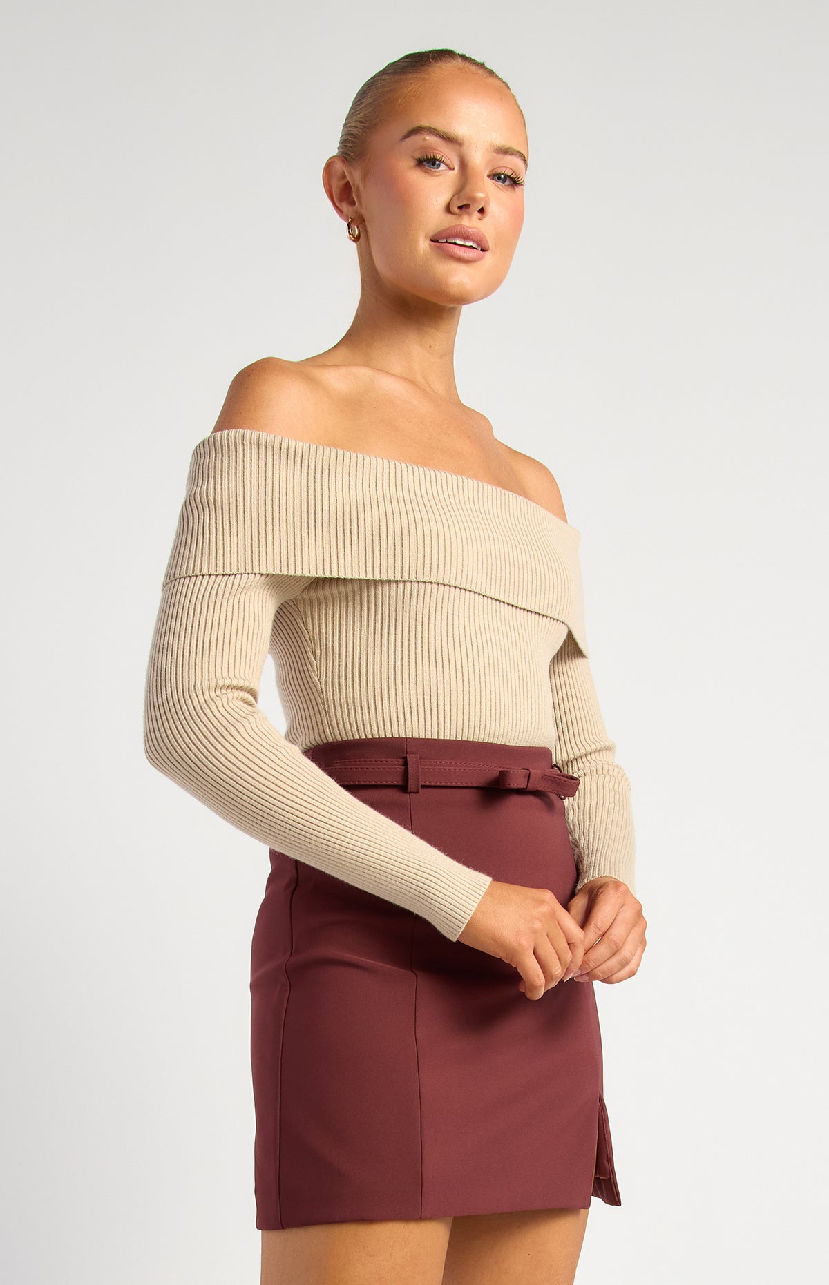 Presley Off-Shoulder Knit Bodysuit - Almond