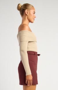 Presley Off-Shoulder Knit Bodysuit - Almond