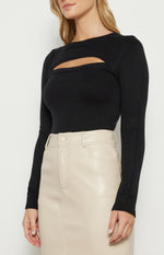 Aston High Neckline, Fitted, Stretchy Knit Top - Black