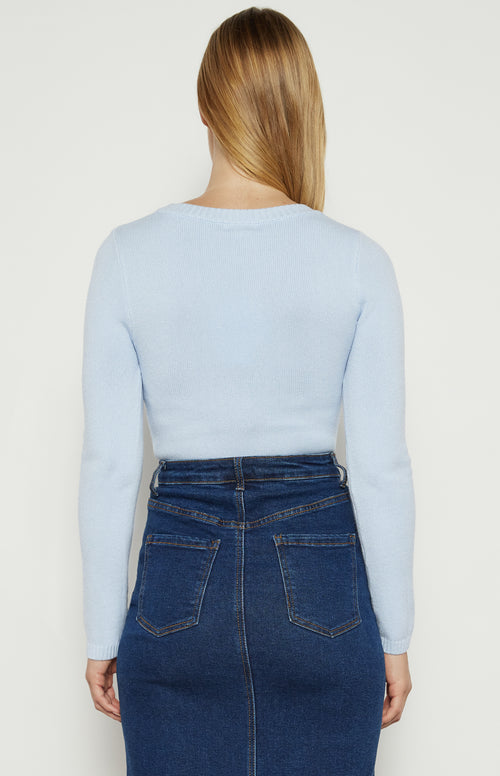 Aston High Neckline, Fitted, Stretchy Knit Top - Pale Blue