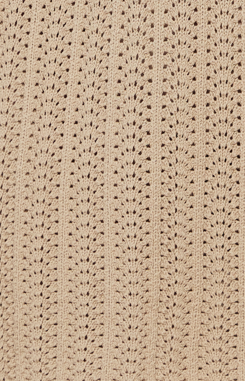 Hampton Collared V Neckline, Short Sleeve, Crochet Knit Mini Dress - Beige