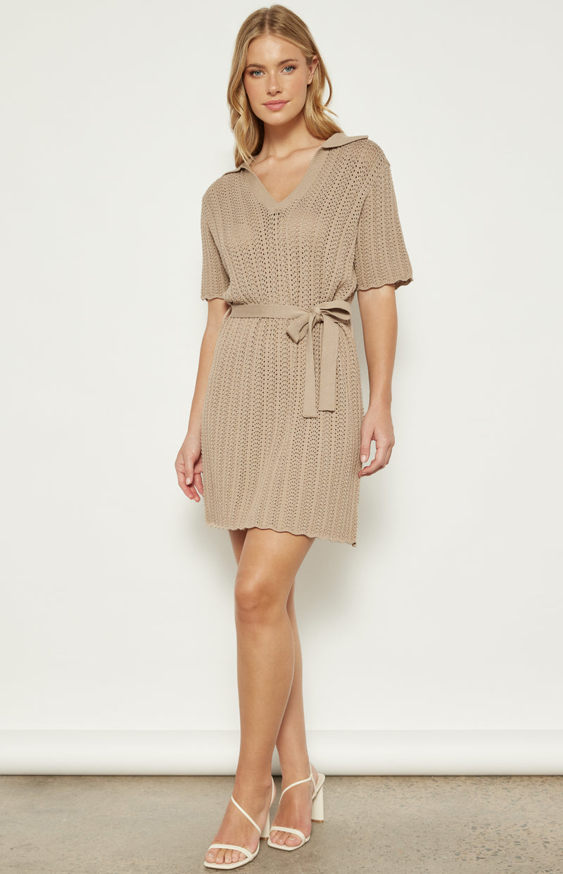 Hampton Collared V Neckline, Short Sleeve, Crochet Knit Mini Dress - Beige