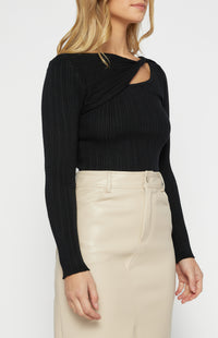 Cobie Twist Neckline, Long Sleeve Knit Top - Black