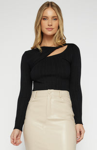 Cobie Twist Neckline, Long Sleeve Knit Top - Black