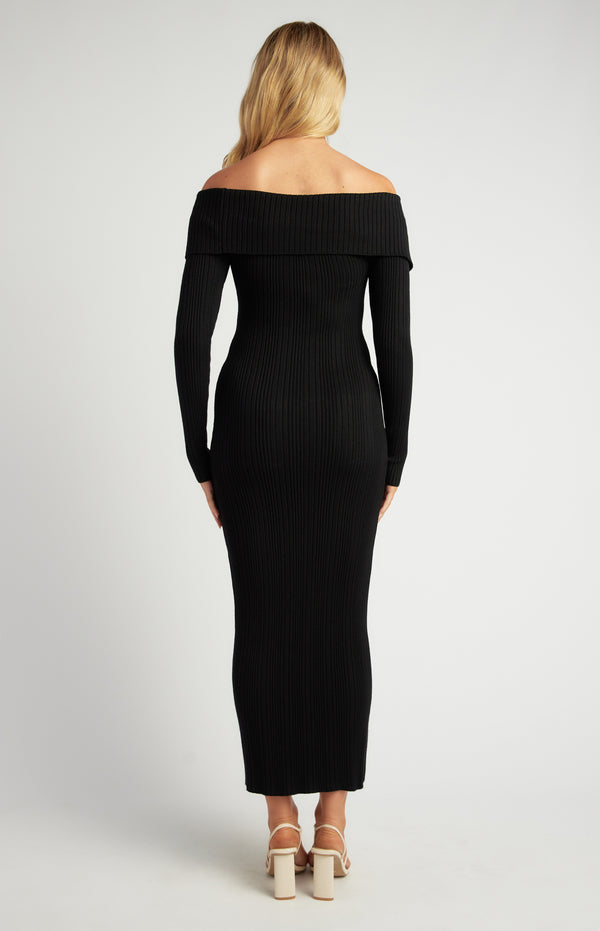Tilly Off-Shoulder Midi Knit Dress - Black