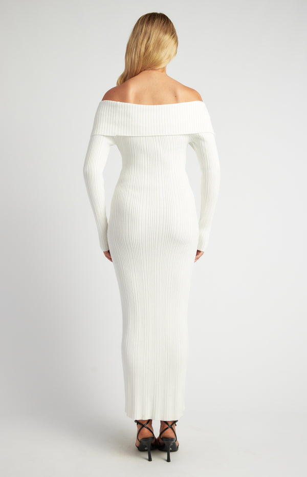 Tilly Off-Shoulder Midi Knit Dress - White