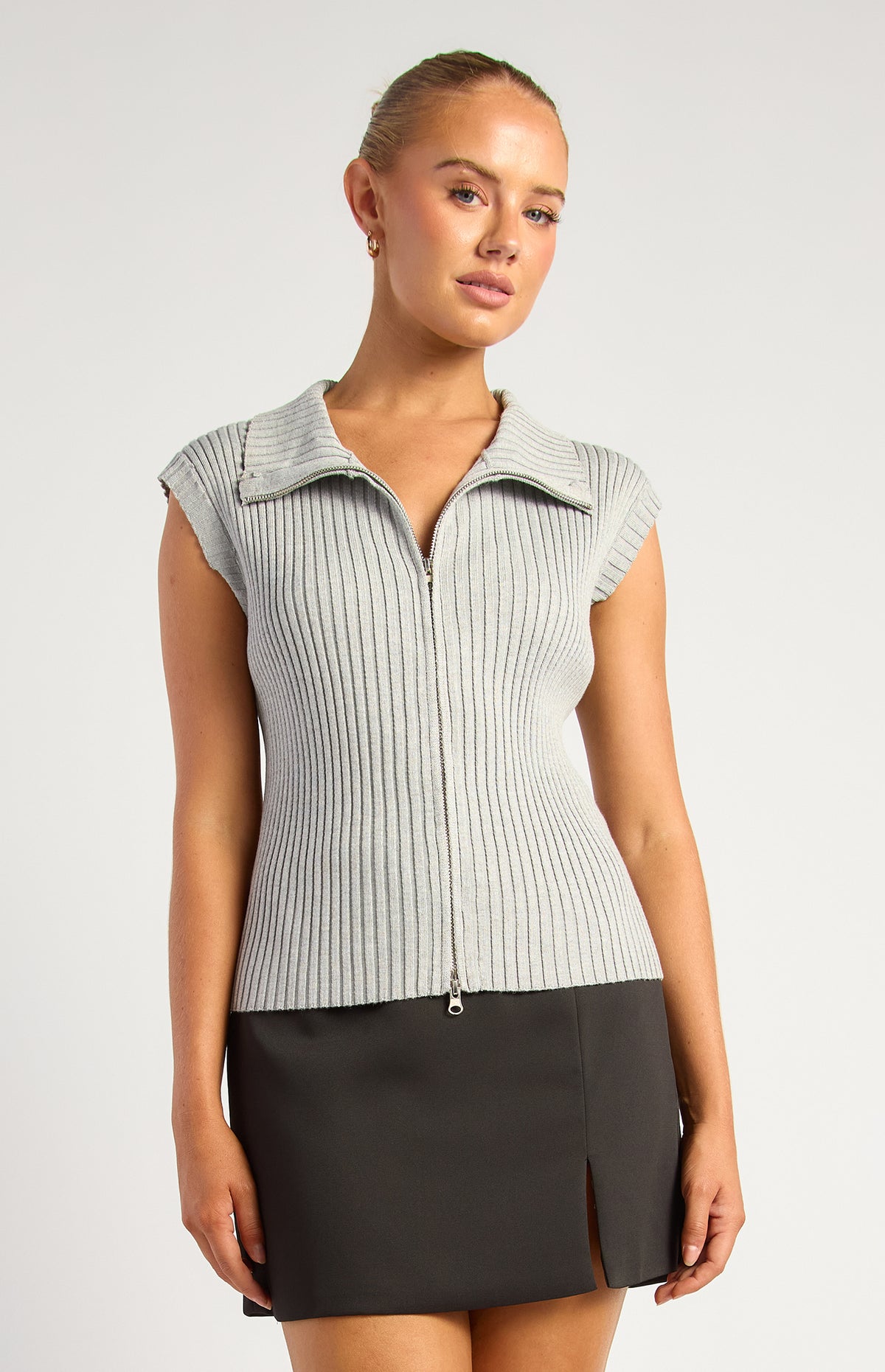 Curtis Two-Way Zip Knit Top - Grey