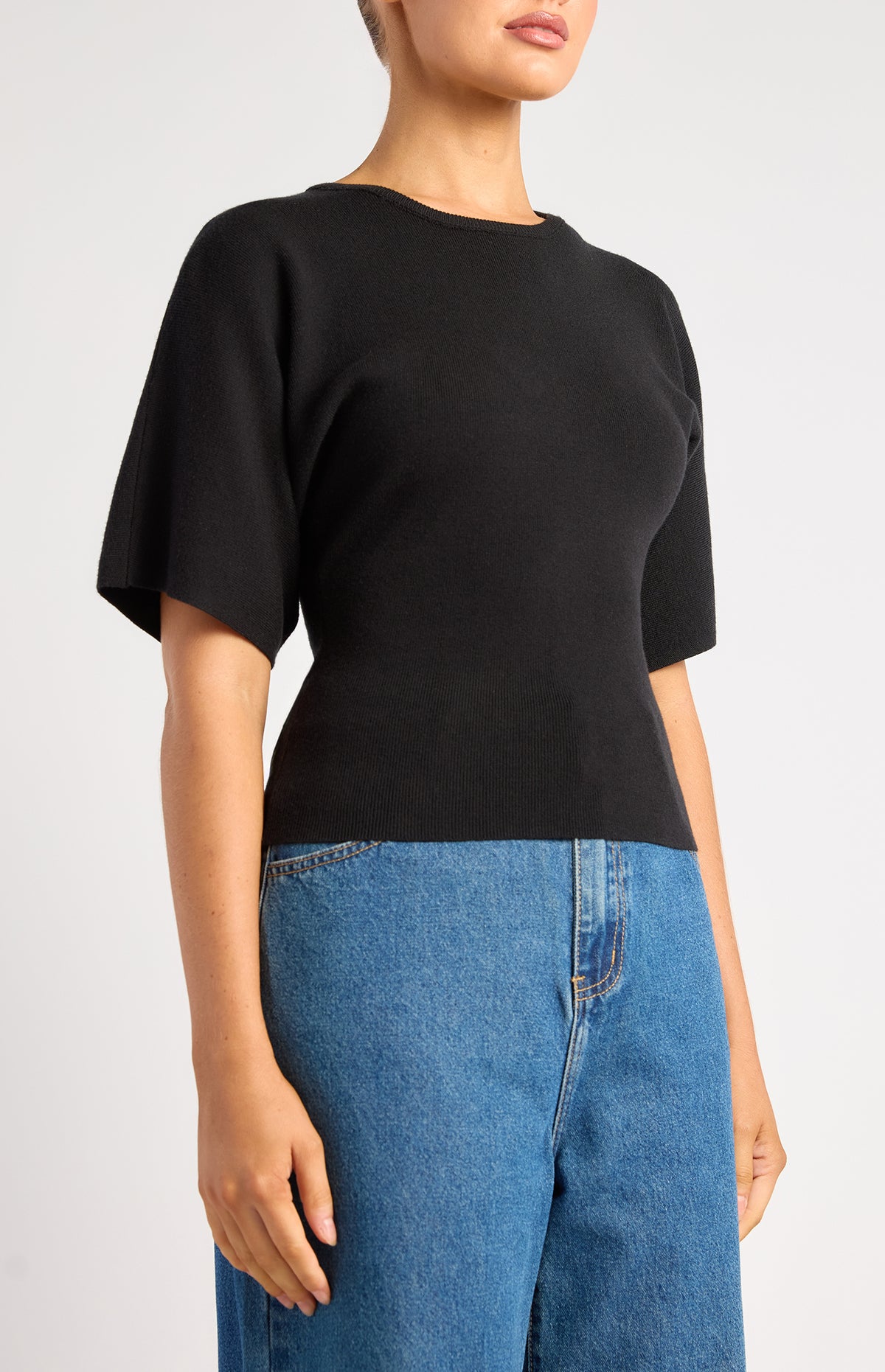 Batwing Sleeve Knit Top - Black