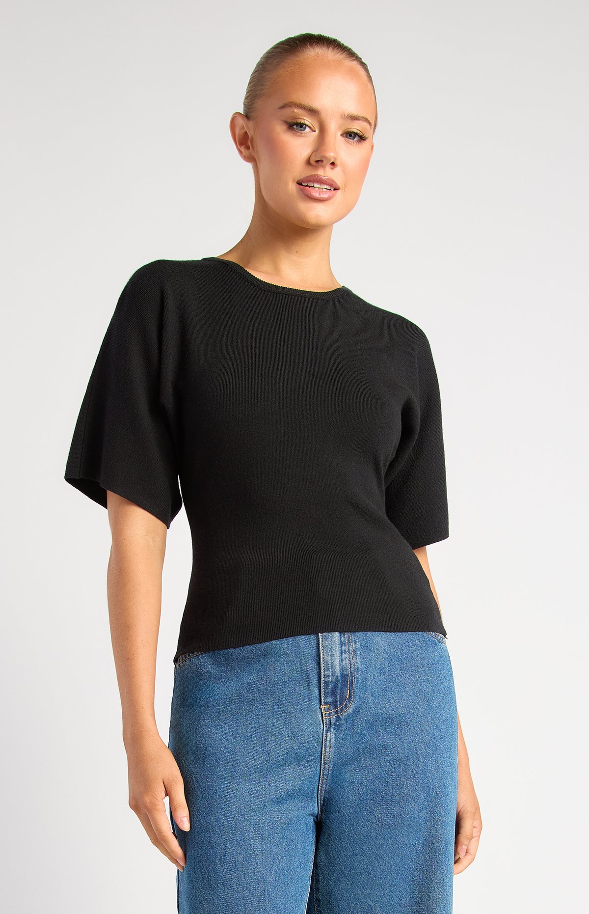 Batwing Sleeve Knit Top - Black