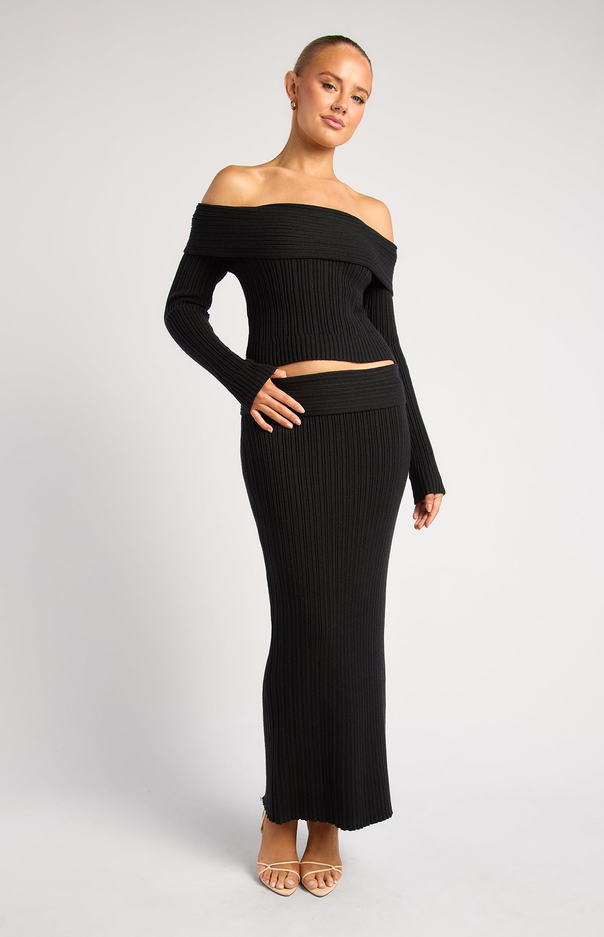 Lucah Top & Maxi Skirt Knit Set - Black