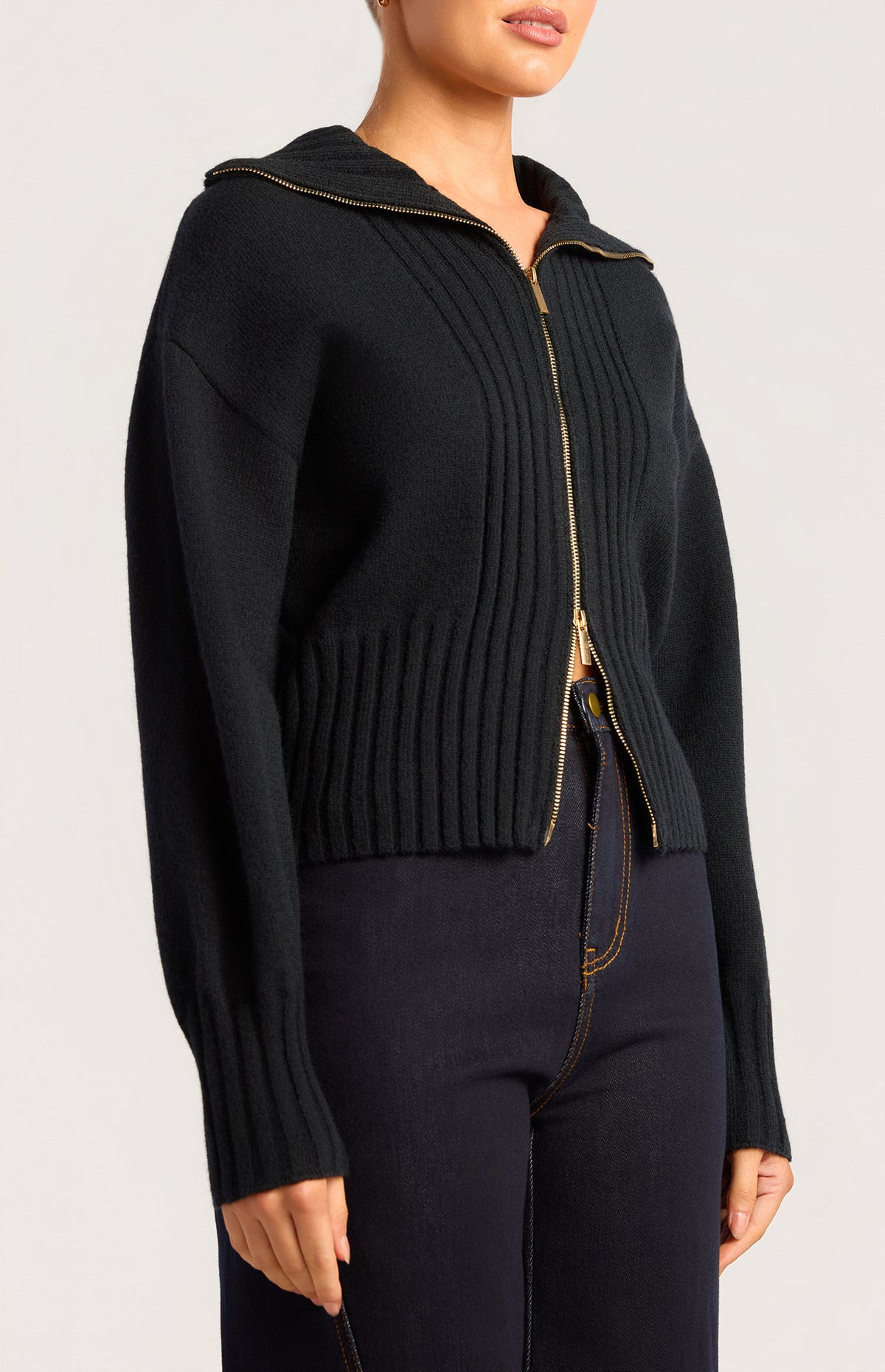 Fiori Two-Way Zip Knit Top - Black