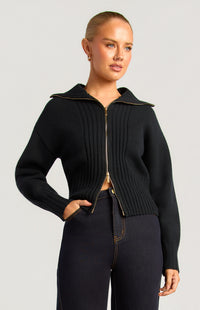 Fiori Two-Way Zip Knit Top - Black