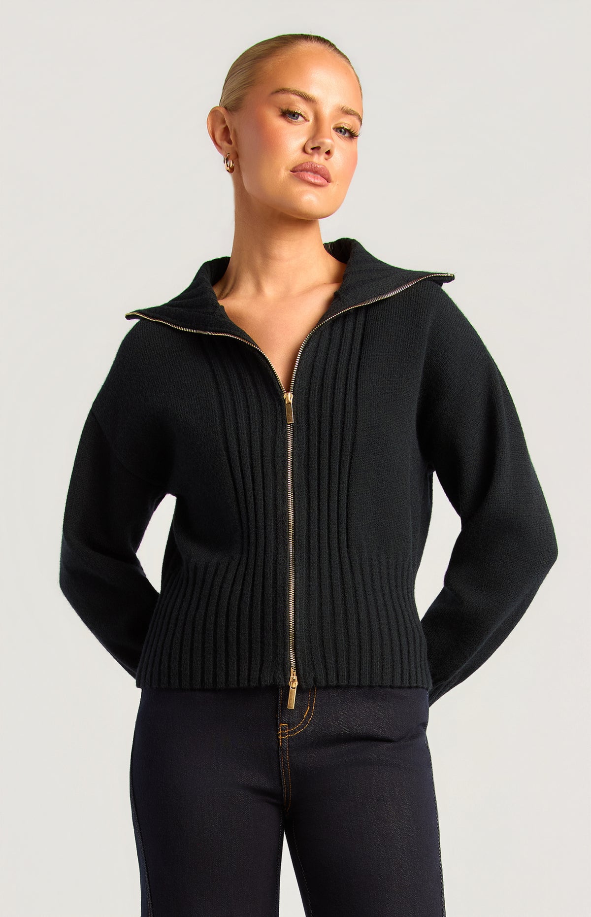 Fiori Two-Way Zip Knit Top - Black