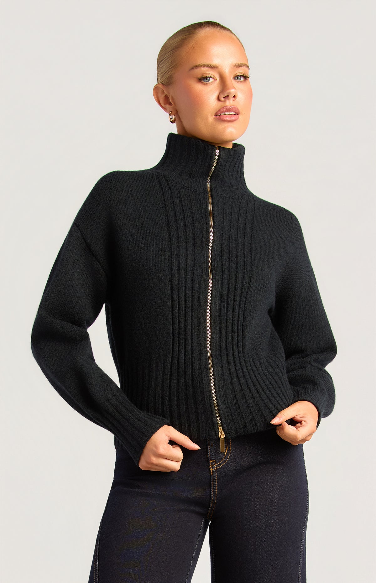 Fiori Two-Way Zip Knit Top - Black