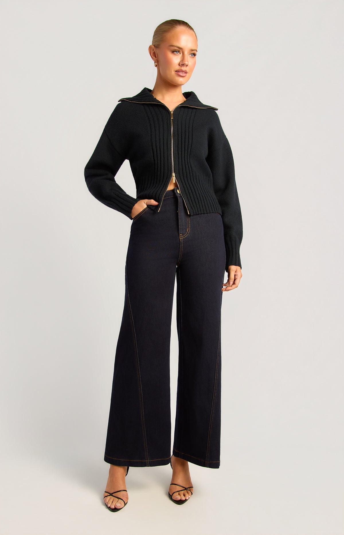 Fiori Two-Way Zip Knit Top - Black