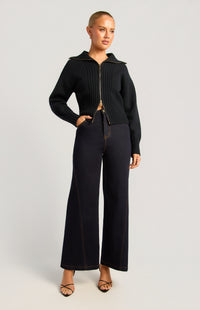Fiori Two-Way Zip Knit Top - Black