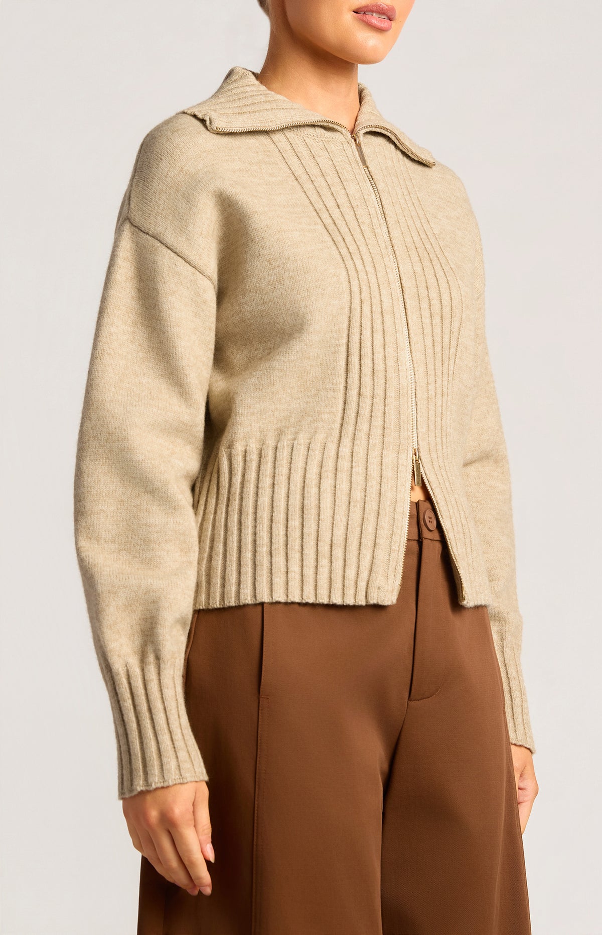 Fiori Two-Way Zip Knit Top - Brown