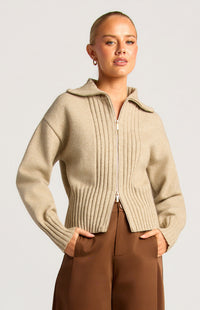 Fiori Two-Way Zip Knit Top - Brown