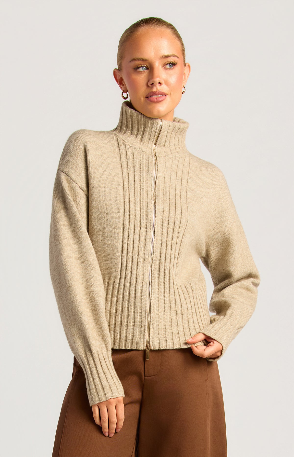 Fiori Two-Way Zip Knit Top - Brown
