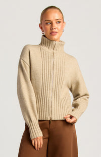 Fiori Two-Way Zip Knit Top - Brown