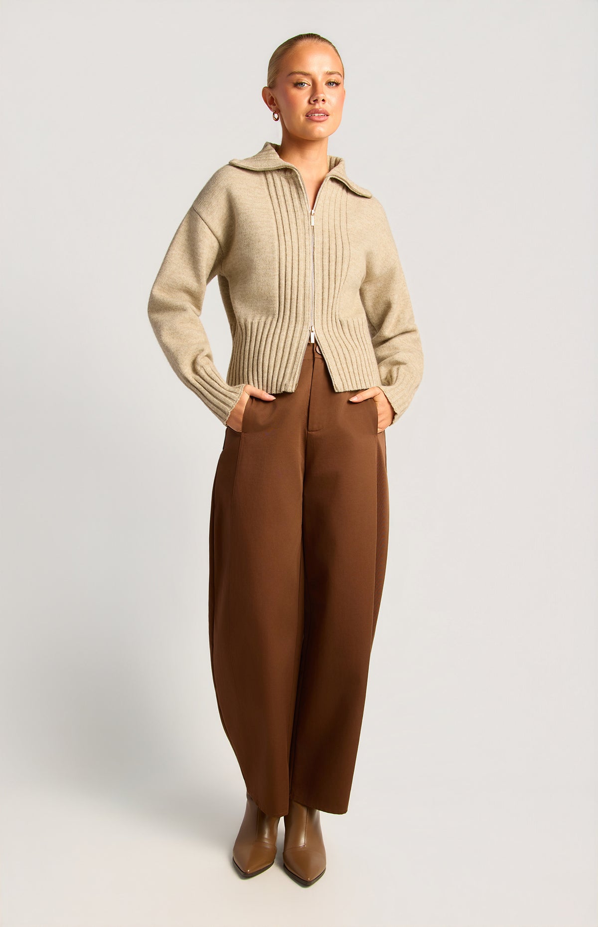 Fiori Two-Way Zip Knit Top - Brown