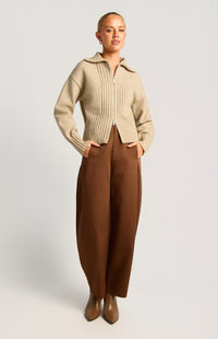 Fiori Two-Way Zip Knit Top - Brown