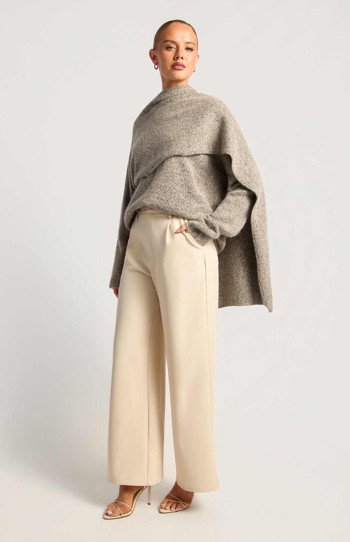 Zoelyn Shawl Wrap Knit Sweater - Grey
