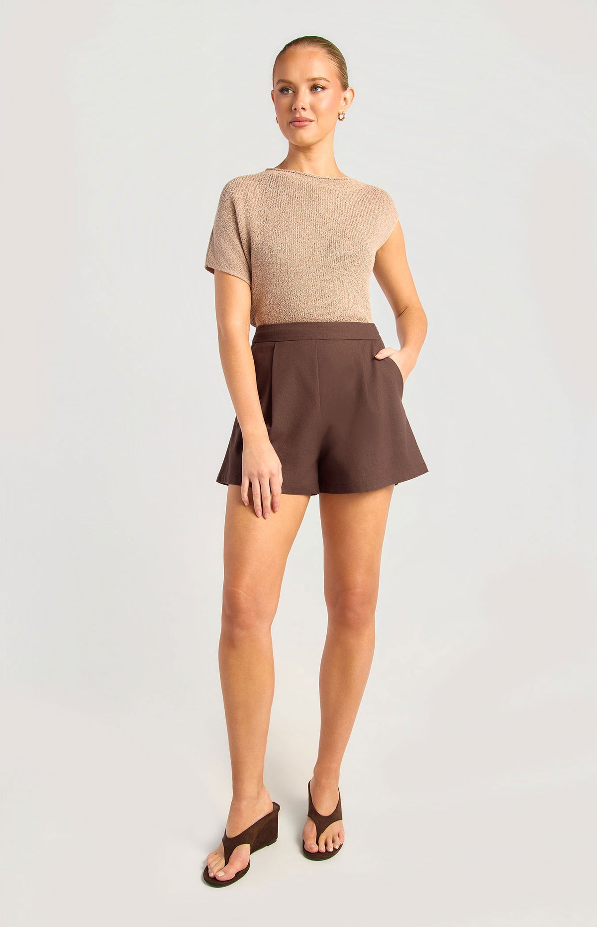 Tiggy Faux Linen Shorts - Espresso