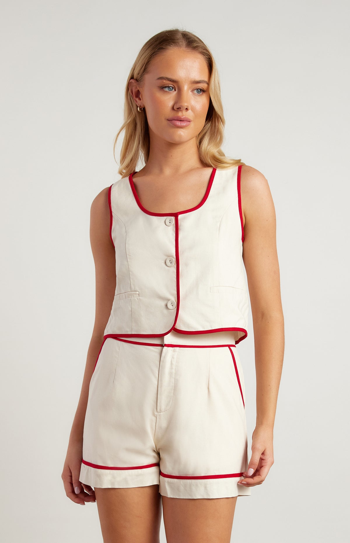 Bea Cotton Linen Vest Set - Beige