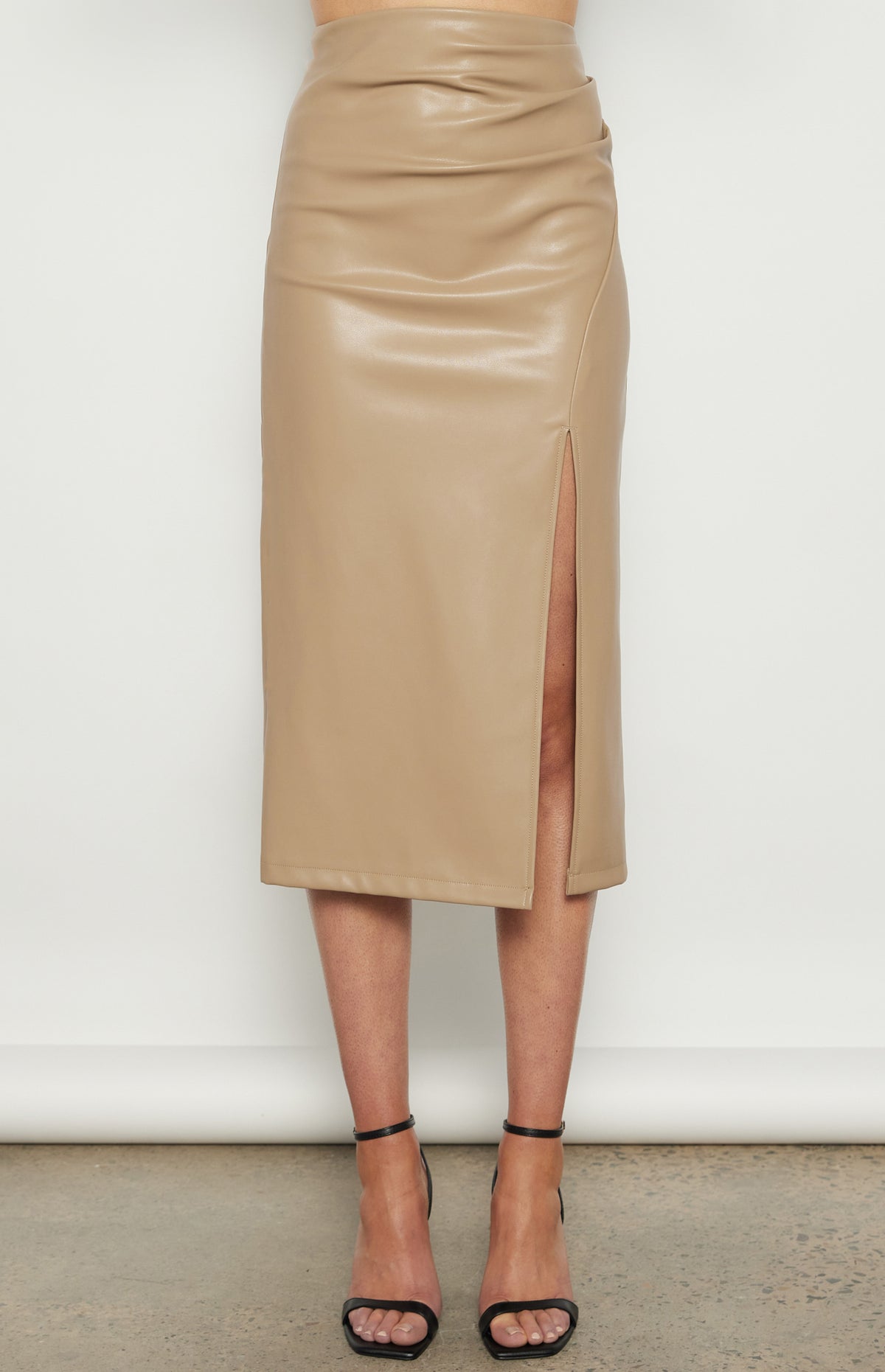 Allyse Faux Leather Midi Skirt - Latte