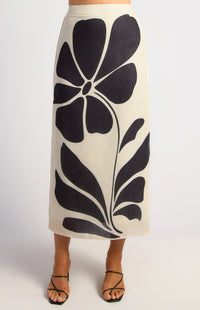 Kinslee Faux Linen Skirt - Black Floral