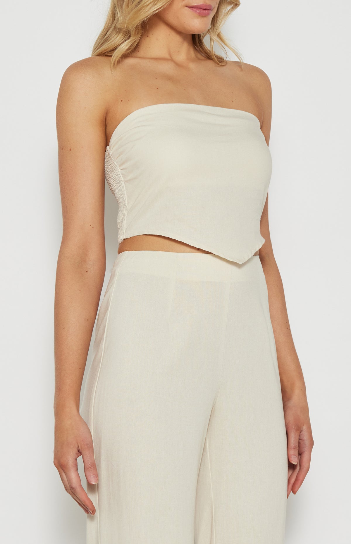 Michaela Strapless, V-Hem Cropped Top - Oat